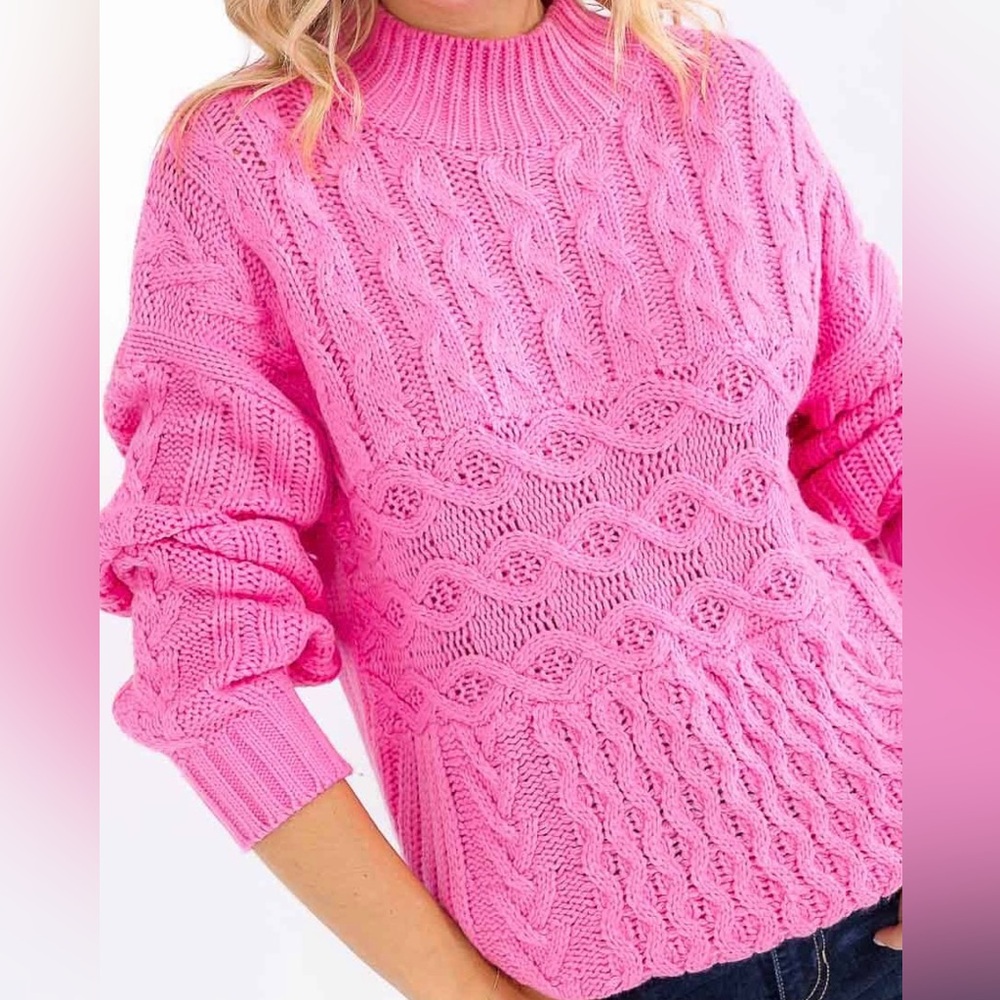 Vibrant Pink Cable Knit Turtleneck Sweater